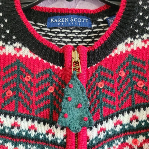 Vtg Karen Scott Petites Wool Blend Christmas Holiday Zip Cardigan Sweater PS - Picture 1 of 7